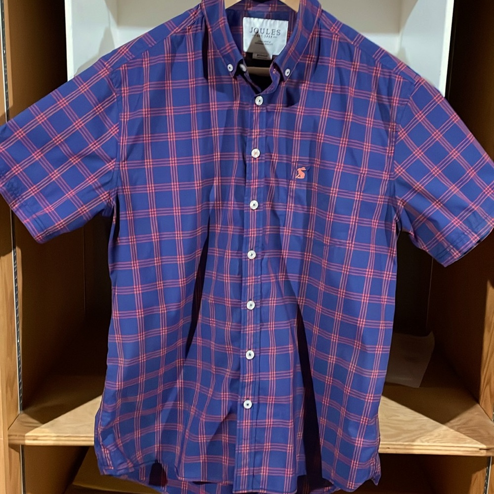 Joules Men's Navy and Pink Checkered Shirt